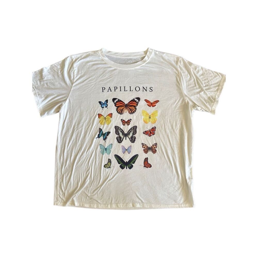 SHEIN 3XL Plus Colorful Butterfly Papillons White Short Sleeve Graphic Print Tsh